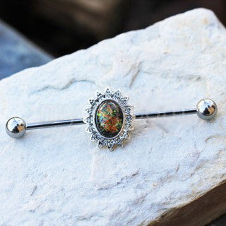 316L Stainless Steel Industrial Barbell with Glass Stone Flower | Fashion Hut Jewelry