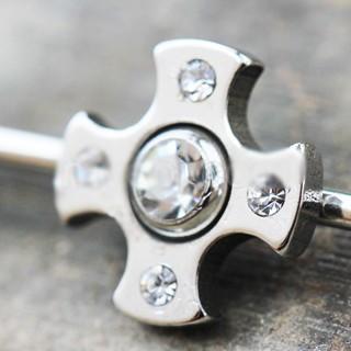 316L Stainless Steel Jeweled Medieval Cross Industrial Barbell | Fashion Hut Jewelry