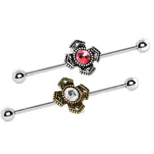 316L Stainless Steel Jeweled Medieval Cross Industrial Barbell | Fashion Hut Jewelry