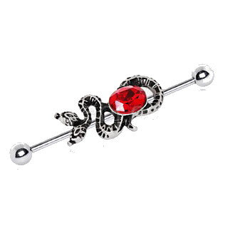 316L Stainless Steel Two-Headed Snake with Ruby Red CZ Industrial Barbell | Fashion Hut Jewelry