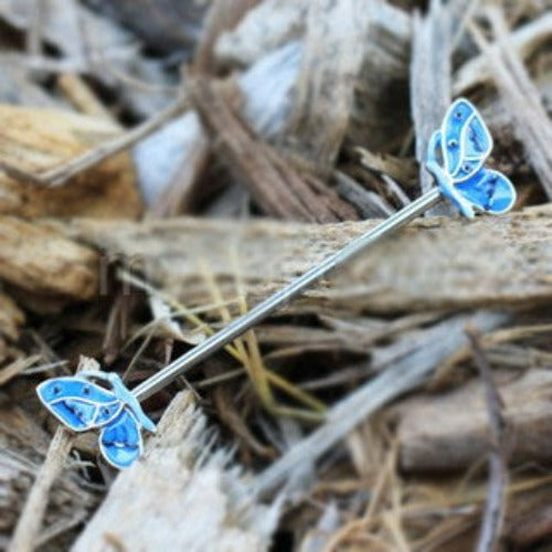 316L Stainless Steel Double Blue Butterfly Industrial Barbell | Fashion Hut Jewelry
