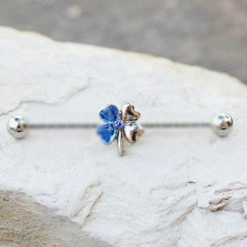 316L Stainless Steel Blue Clover Leaf Industrial Barbell | Fashion Hut Jewelry