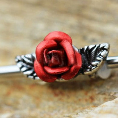 316L Stainless Steel Red Rose Industrial Barbell | Fashion Hut Jewelry