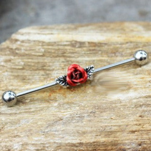 316L Stainless Steel Red Rose Industrial Barbell | Fashion Hut Jewelry