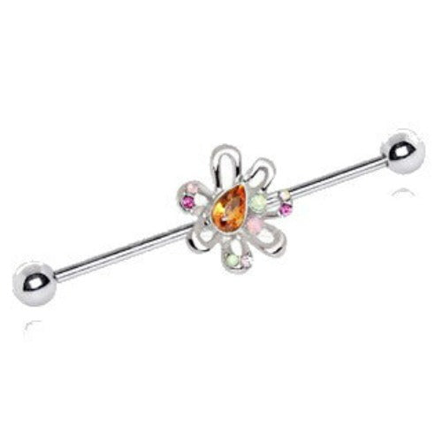316L Stainless Steel Multihued Flower Industrial Barbell | Fashion Hut Jewelry
