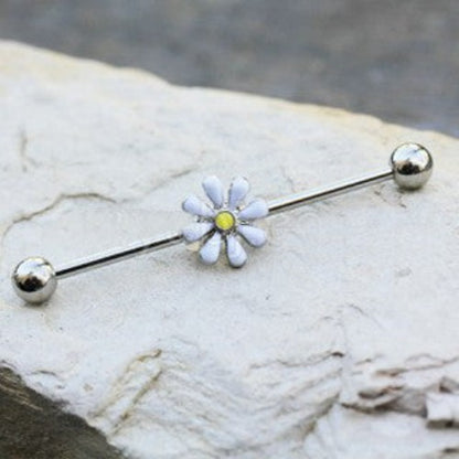 316L Stainless Steel White Daisy Industrial Barbell | Fashion Hut Jewelry