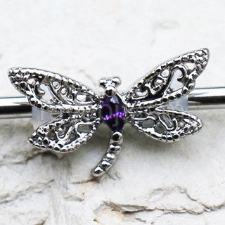 316L Stainless Steel Ornate Dragonfly Industrial Barbell - Fashion Hut Jewelry