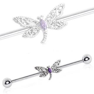 316L Stainless Steel Ornate Dragonfly Industrial Barbell | Fashion Hut Jewelry