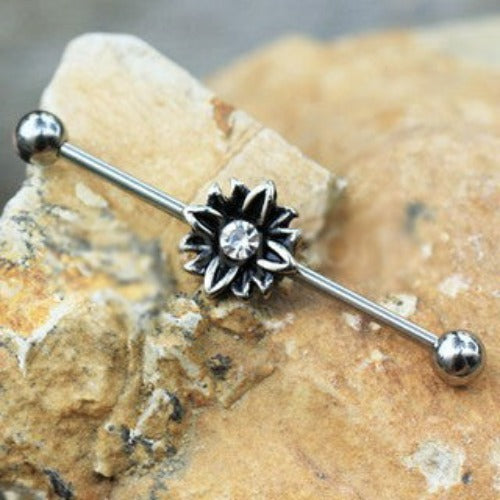 316L Stainless Steel Black Flower Industrial Barbell | Fashion Hut Jewelry