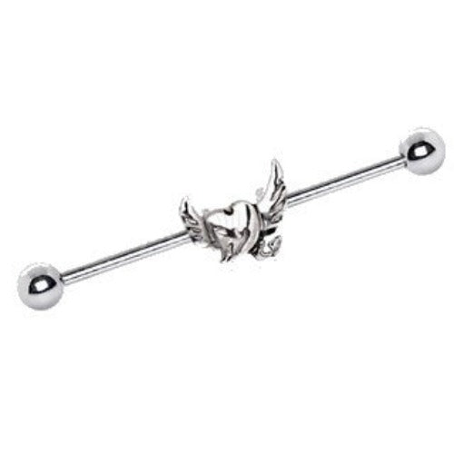 316L Stainless Steel Winged Devil's Heart Industrial Barbell | Fashion Hut Jewelry