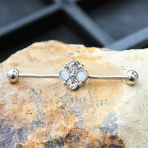 316L Stainless Steel Jeweled Flower Industrial Barbell | Fashion Hut Jewelry