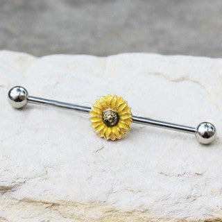 316L Stainless Steel Sunflower Industrial Barbell | Fashion Hut Jewelry