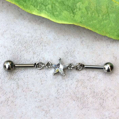 316L Stainless Steel Prong Set Star Chain Industrial Barbell - Fashion Hut Jewelry