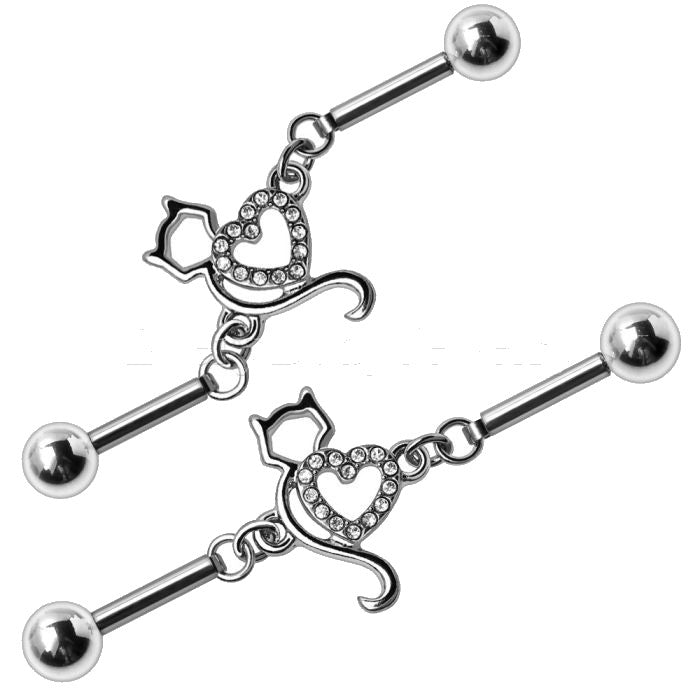 316L Stainless Steel Lovely Cat Chain Industrial Barbell - Fashion Hut Jewelry