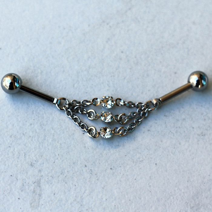 316L Stainless Steel Jeweled Triple Chain Industrial Barbell | Fashion Hut Jewelry
