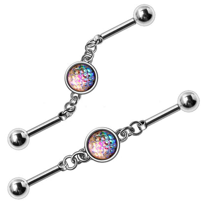 316L Stainless Steel Rainbow Cabochon Chain Industrial Barbell | Fashion Hut Jewelry