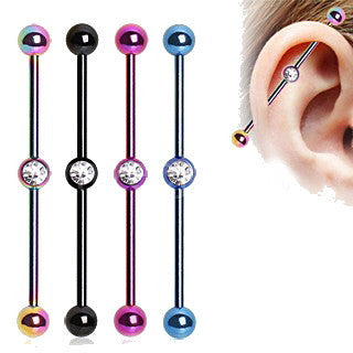 PVD Plated Industrial Barbell with Gem Ball in the Center | Fashion Hut Jewelry