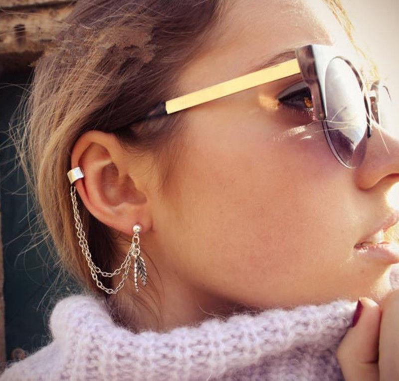 Silver Dangle Ear Cuff Clip Stud Wrap Earring with Chain | Fashion Hut Jewelry