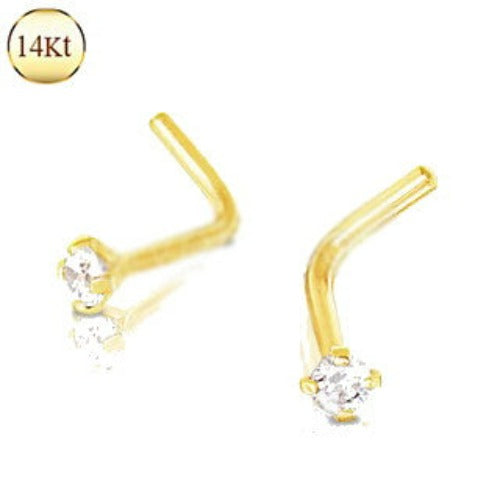 14Kt Yellow Gold Prong Set Clear CZ L Bend Nose Ring | Fashion Hut Jewelry