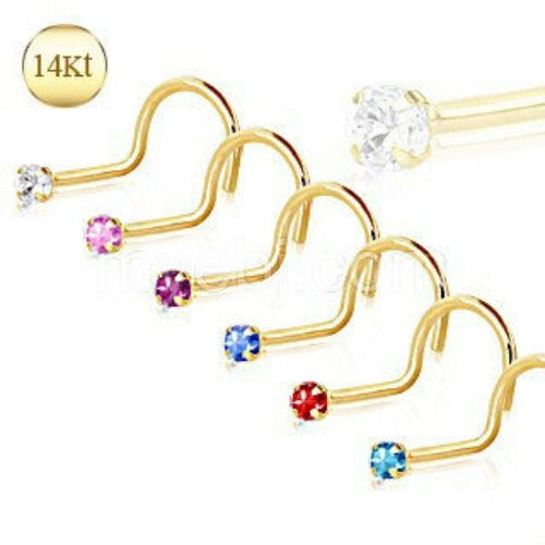 14Kt Yellow Gold Screw Nose Ring with Prong Setting Gem | Fashion Hut Jewelry