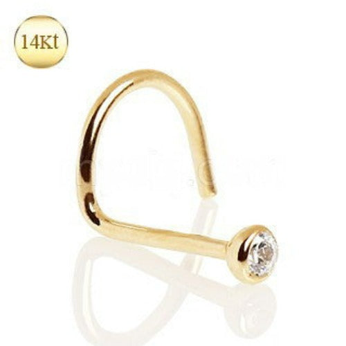 14Kt Yellow Gold Screw Nose Ring with Press Fit CZ - Fashion Hut Jewelry