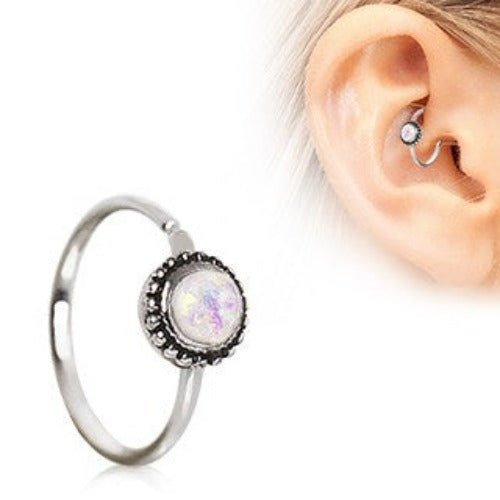 316L Stainless Steel White Synthetic Opal Ornate Cartilage Hoop Earring | Fashion Hut Jewelry