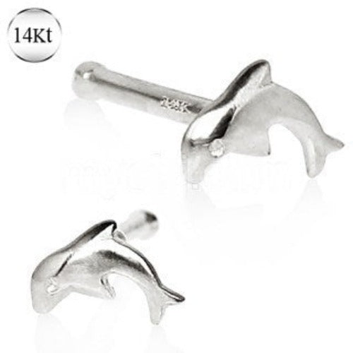 14Kt White Gold Stud Nose Ring with a Dolphin | Fashion Hut Jewelry