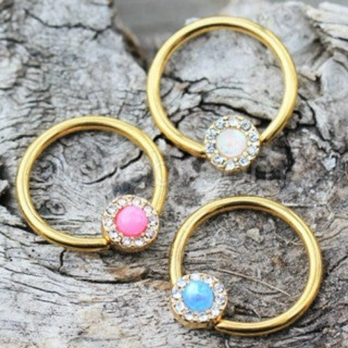 Gold Plated Jeweled Synthetic Opal Captive Bead Ring Nipple Jewelry | Fashion Hut Jewelry