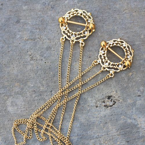 Gold Plated Triple Chain Floral Nipple Shields | Fashion Hut Jewelry