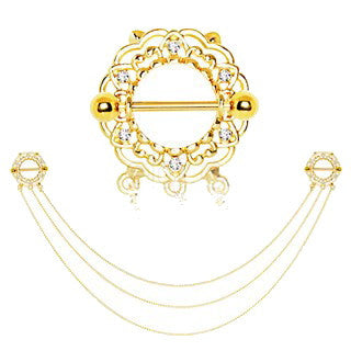 Gold Plated Triple Chain Floral Nipple Shields | Fashion Hut Jewelry