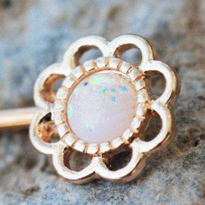 Rose Gold Synthetic Opal Flower Nipple Bar | Fashion Hut Jewelry