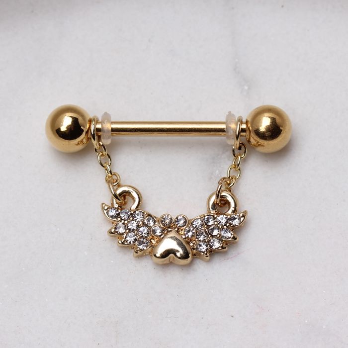 Gold Plated Jeweled Winged Heart Nipple Ring | Fashion Hut Jewelry