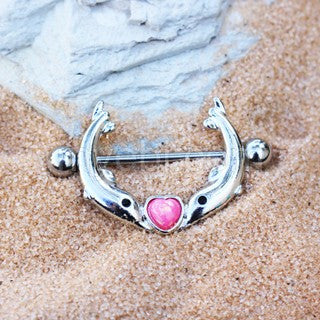 316L Stainless Steel Kissing Dolphins Nipple Jewelry with Heart Shaped Pink Synthetic Opal - Fashion Hut Jewelry