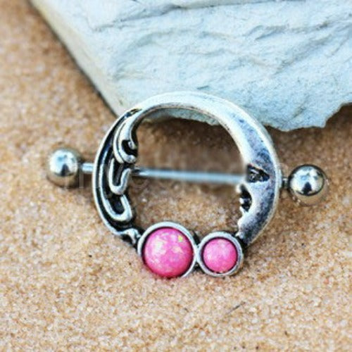 316L Stainless Steel Crescent Moon Nipple Ring with Pink Synthetic Opal | Fashion Hut Jewelry