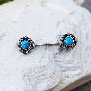 316L Stainless Steel Vintage Charm Nipple Bar with Turquoise Stone - Fashion Hut Jewelry
