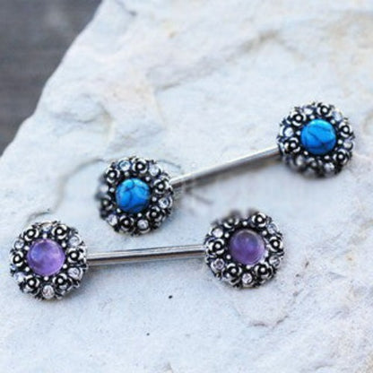 316L Stainless Steel Medieval Rose Nipple Bar Set with Stone Inlay | Fashion Hut Jewelry