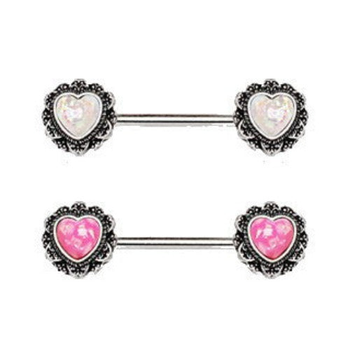 316L Stainless Steel Filigree Synthetic Opal Heart Nipple Bars | Fashion Hut Jewelry