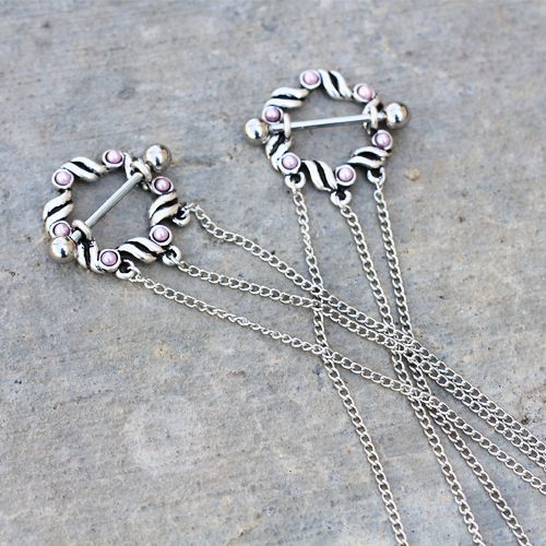 316L Stainless Steel Triple Chain Pink Ribbon Nipple Shields - Fashion Hut Jewelry