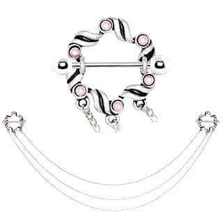 316L Stainless Steel Triple Chain Pink Ribbon Nipple Shields | Fashion Hut Jewelry