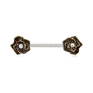 316L Stainless Steel Nipple Bar with Antique Gold Plated Flower | Fashion Hut Jewelry