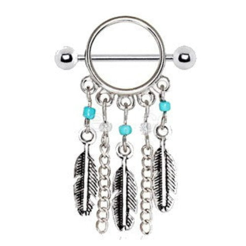 316L Surgical Steel Turquoise Beads Feather Dangle Nipple Shield | Fashion Hut Jewelry