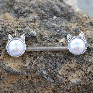 316L Surgical Steel Pearl White Cat Nipple Bar | Fashion Hut Jewelry