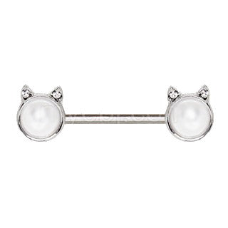 316L Surgical Steel Pearl White Cat Nipple Bar | Fashion Hut Jewelry