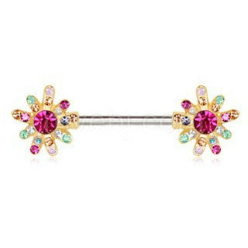 Gold Plated Rainbow CZ Flower Nipple Bar | Fashion Hut Jewelry