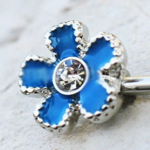 316L Stainless Steel Jeweled Teal Blue Flower Nipple Bar | Fashion Hut Jewelry