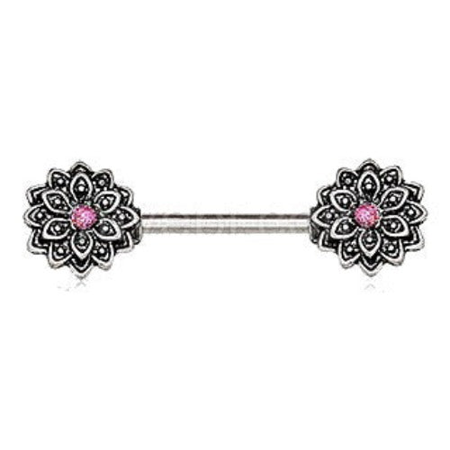 316L Stainless Steel Pink Synthetic Opal Lotus Flower Nipple Bar | Fashion Hut Jewelry