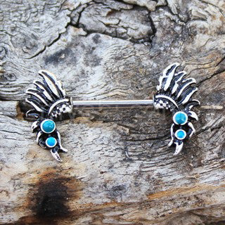 316L Stainless Steel Turquoise Feather Headdress Nipple Bar - Fashion Hut Jewelry