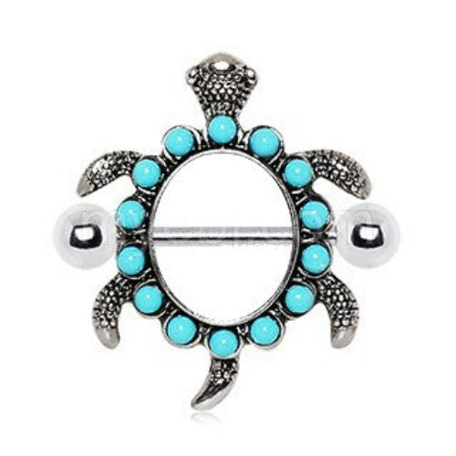 316L Stainless Steel Teal Blue Turtle Nipple Shield | Fashion Hut Jewelry