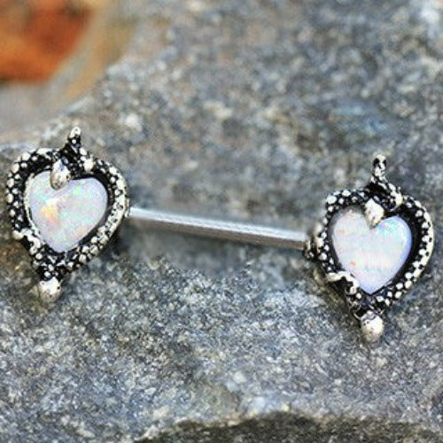 316L Stainless Steel Synthetic Opal Heart with Snake Nipple Bar | Fashion Hut Jewelry