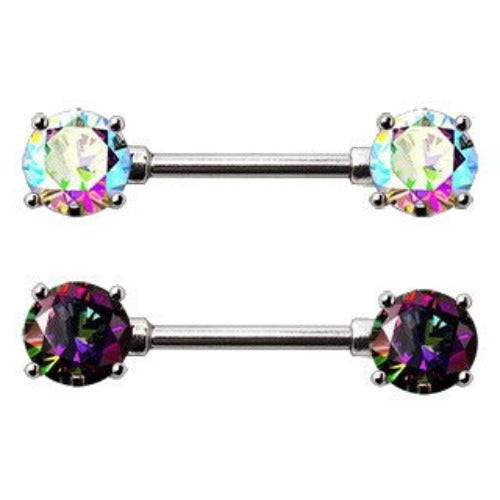 Pair 316L Stainless Steel Prong Set Iridescent Cubic Nipple Bar | Fashion Hut Jewelry